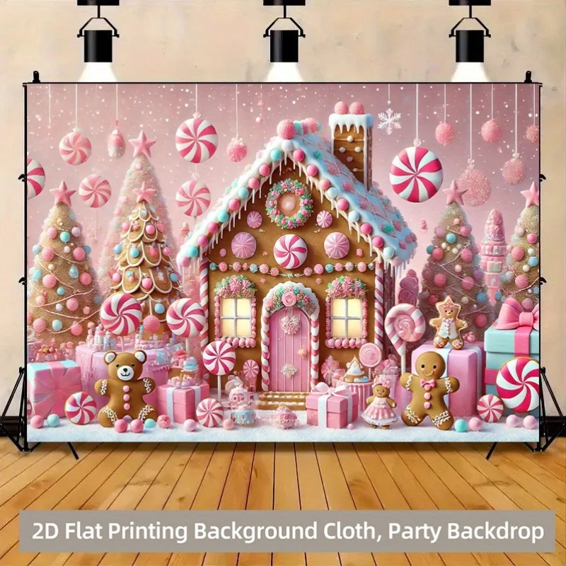 Fondo de fotografía plano 2D, 1 pieza, casa de jengibre y mundo de los dulces, rosa pastel, bastón de caramelo, árboles de malvavisco, duradero