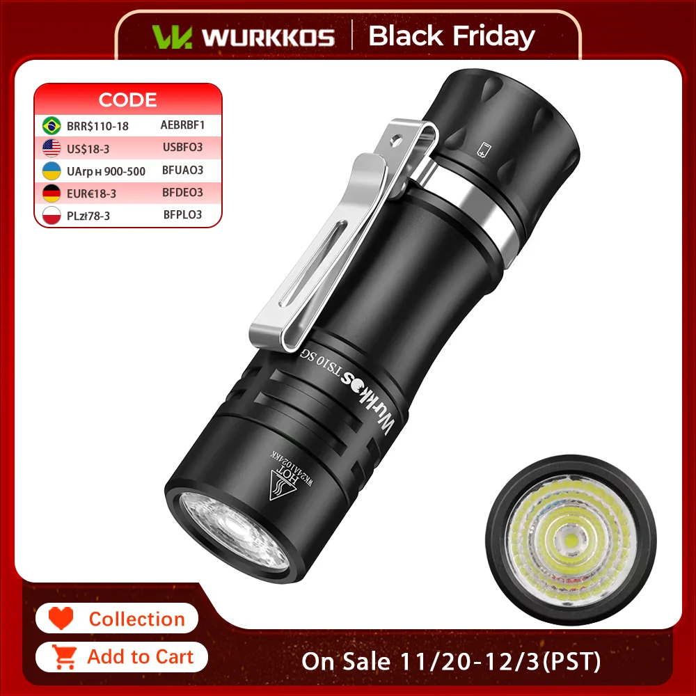 Wurkcos TS10 SG 14500 Senter EDC Mini kuat dengan LED SFT25R dan RGB Aux LEDs 1650LM Anduril 2.0 Max 294M IP68 senter
