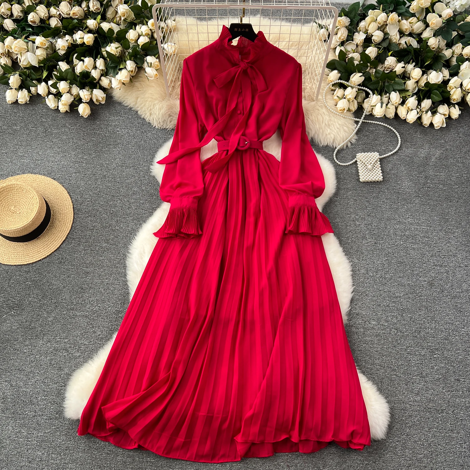 French Vintage elegant Pleated Bow A-line Dress Casual Women Fashion Vacation Spring summer dresses