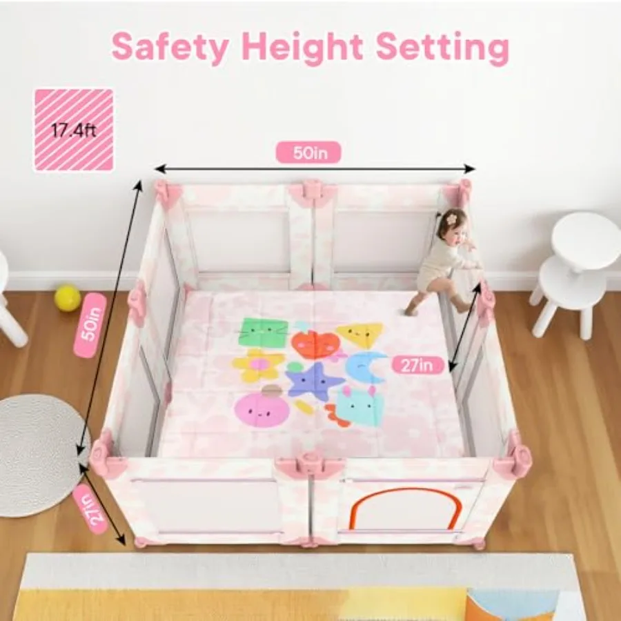 روضة أطفال، قلم لعب 50 × 50 بوصة للأطفال الرضع والأطفال الصغار مع شبكة مسامية، لعب مع بوابة (زهور وردية، حصيرة غير متضمنة) #3