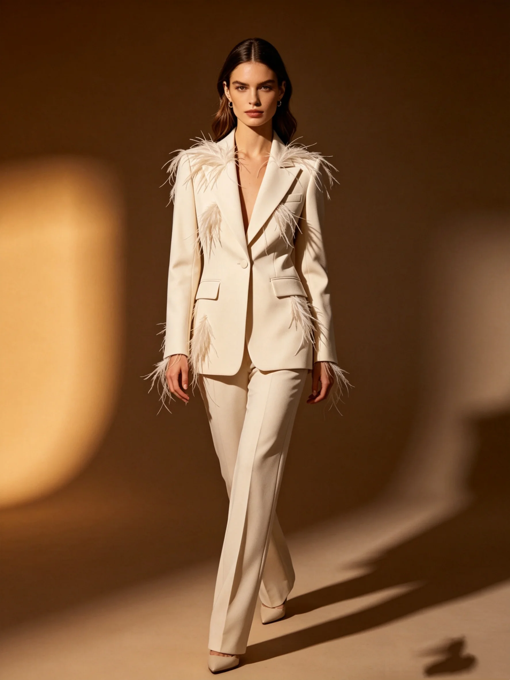 

Feather Cotton Women Suit Set 2 Pcs Blazer Pants Spring Formal Office Lady Jacket Wedding Coat Customized