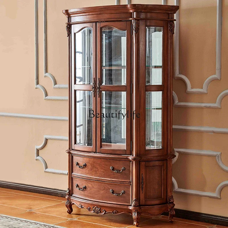 

American solid wood wine cabinet display glass door transparent against the wall European locker