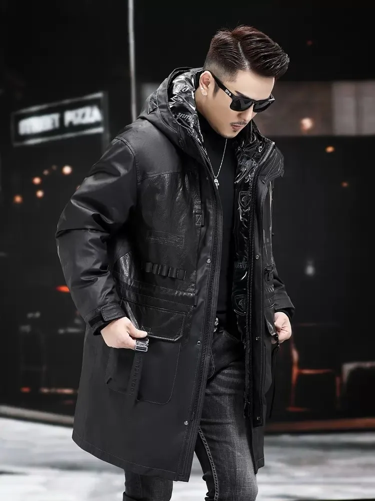 Winter Genuine Leather Coat Men Hooded Detachable Down Liner Jacket Loose Fit Thick Warm Long Cowhide Windbreaker Work Jacket