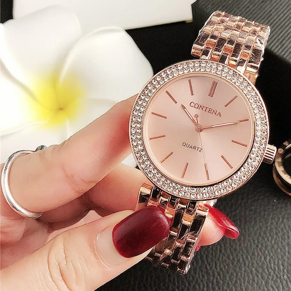 Reloj Mujer New Gold Watch For Women Fashion Fashion Casual Round Rhinestones Quartz Luxury Ladies Wristwatches Relogio Feminino