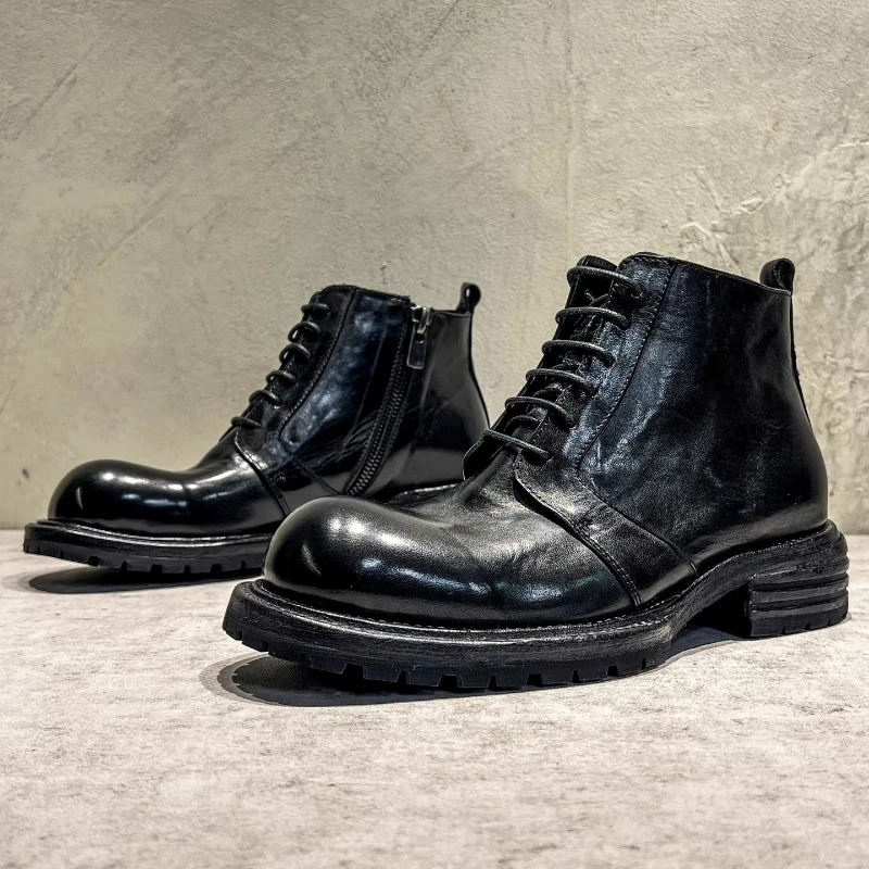 

Handcrafted Horsehide Men Shoes Vintage Motorcycle Boots Lace-up Side Zipper Work Boots Outdoor Hiking Non-slip Ankle Boots