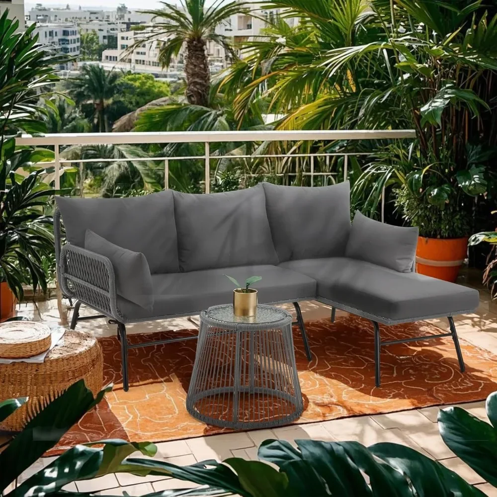 

3-Piece Outdoor Patio Furniture Set – L-Shaped Rattan Sectional Sofa with Detachable Lounger, Glass Coffee Table & 4" Cushions