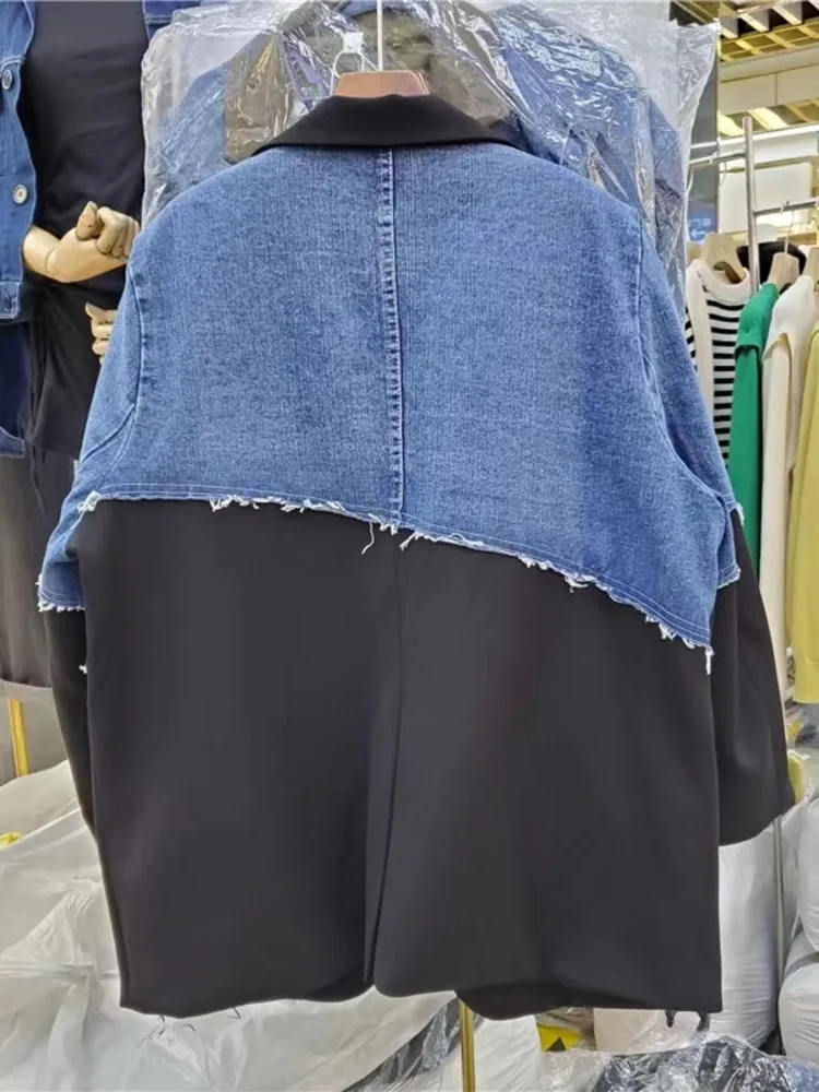 Imagem -02 - Blazer Denim Vintage Emendado para Mulheres Cabolsa Solto Entalhado Peito Único Manga Longa Terno Feminino Primavera Outono Novo 2023