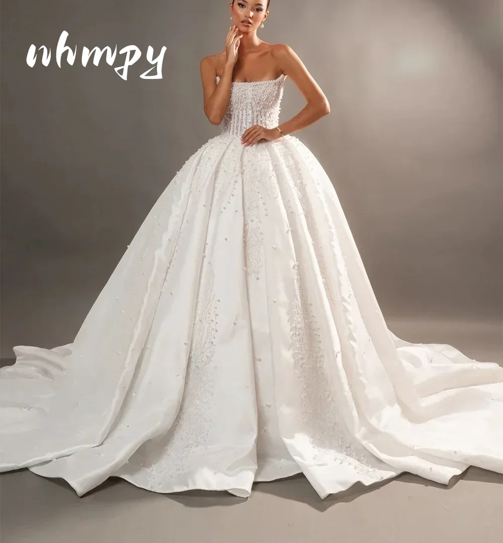 Strapless Luxury Wedding Dress For Bride Beaded Pearls Satin Ball Gown Bridal Gown Heavy Handmade Embroidery Court Train Custom