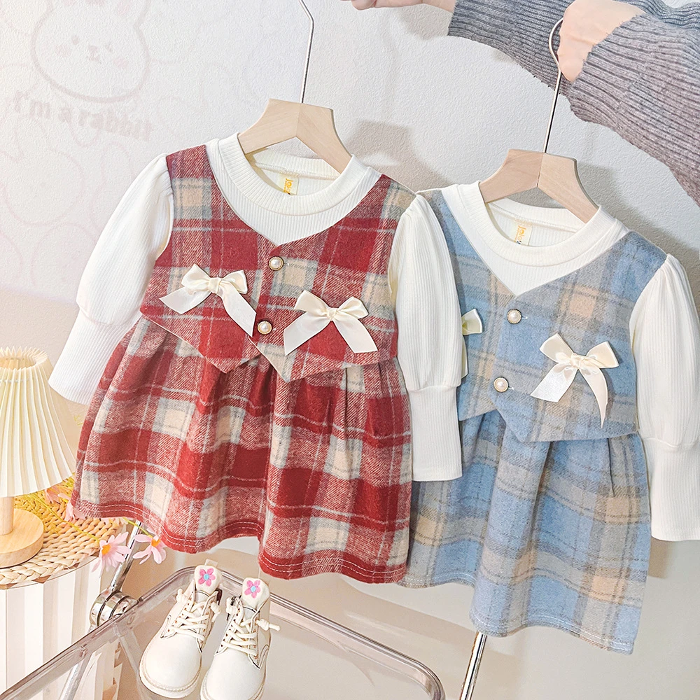

Toddler Girl Knit Dress Long Sleeve Colorblock Bow Detail Fall Casual Outfit Cozy Daily Kids Wear Clothes