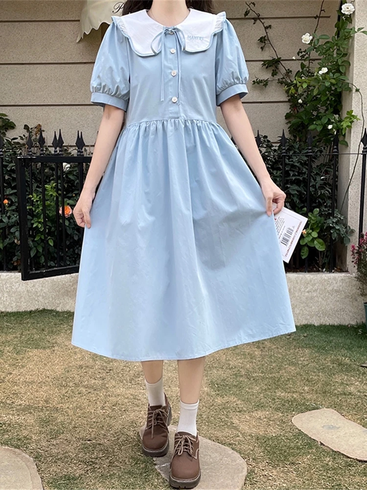 Japanese Mori Preppy Style Dress Doll Collar Lace up Bow Puff Short Sleeve High Waist A-line Cute Sweet Solid Color Dress Women