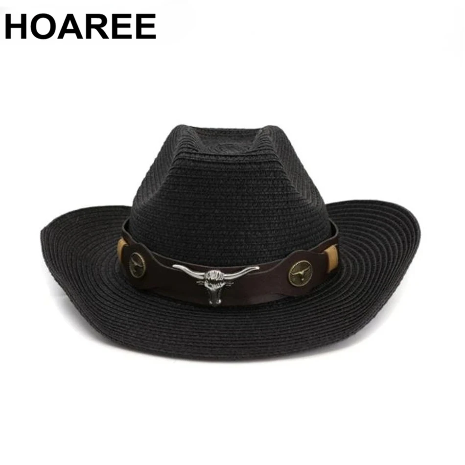 

Черная шляпа Ковбойская мужская соломенная панамская шляпа с поясом Металлическая коровья украшающая широкими полями шляпы на лето Мужской бренд Новое поступление Темно-синий Белый