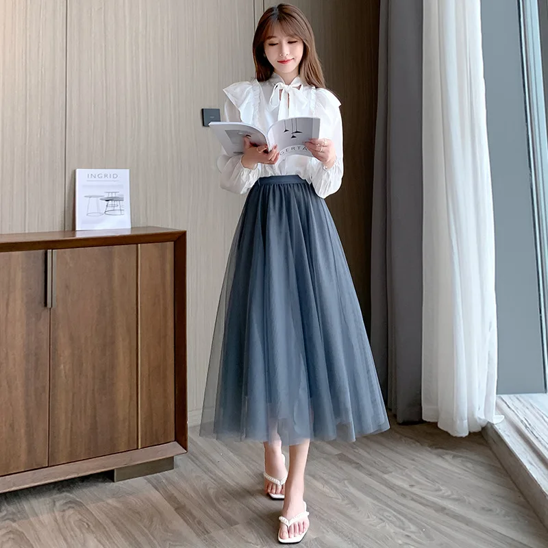 Spring Summer Vintage Tulle Skirt Women Elastic High Waist Mesh Skirts Long Pleated Tutu Skirt Female Jupe Longue 5731