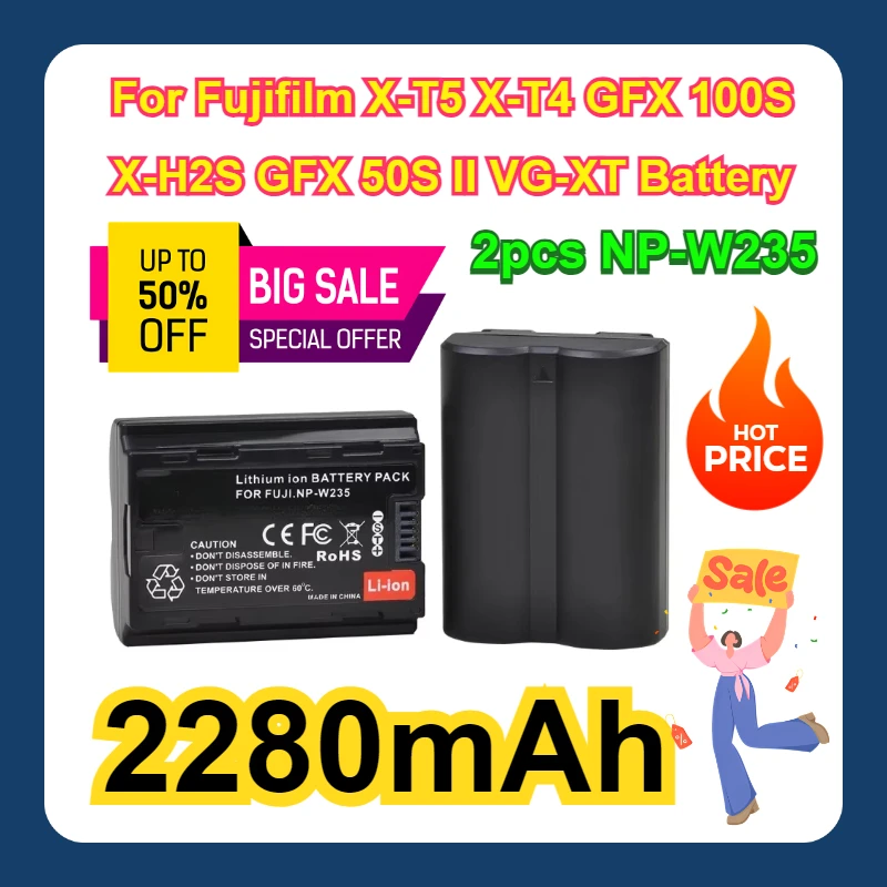 2pcs NP-W235 2280mAh For Fujifilm X-T5 X-T4 GFX 100S X-H2S GFX 50S II VG-XT Battery