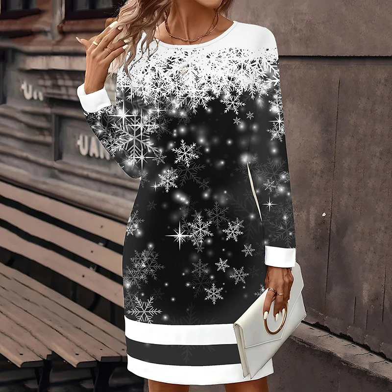 عيد الميلاد ندفة الثلج حزب فساتين صغيرة النساء أزياء عيد الميلاد النبيذ الزجاج فستان بكم طويل الشتاء السنة الجديدة السيدات فضفاض ألف خط اللباس