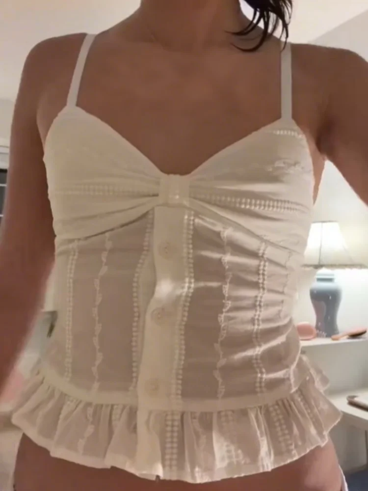 

Сексуальный кружевной прозрачный топ с V-образным вырезом, на пуговицах, с завязками на шее, однотонная повседневная майка, пляжный топ, новинка 2026 года, женские весенне-летние топы