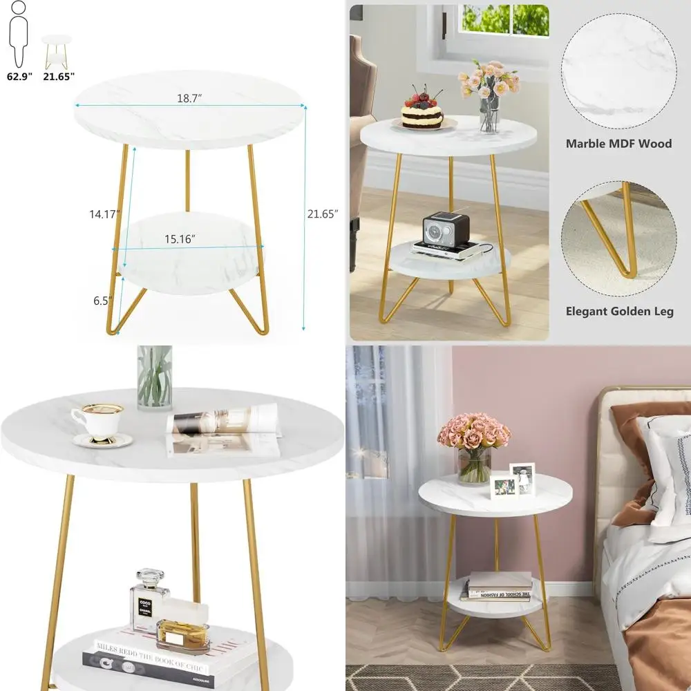 Modern White and Gold 2-Tier Marble-Look Side Table with Shelves for Living Room and Bedroom