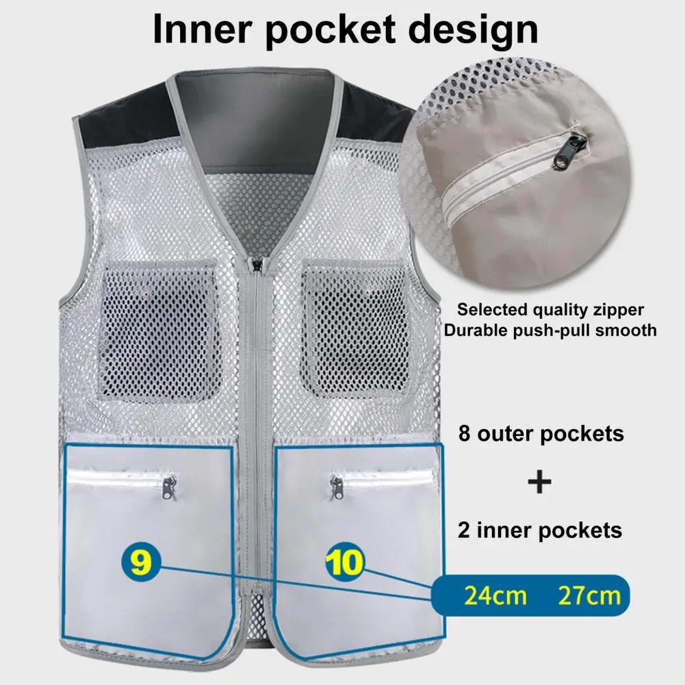 Men Vest Outdoor Waistcoat 10 Pockets Hollow Mesh Breathable Sleeveless Zipper Closure V Neck Fishing Camping Unisex Waistcoat