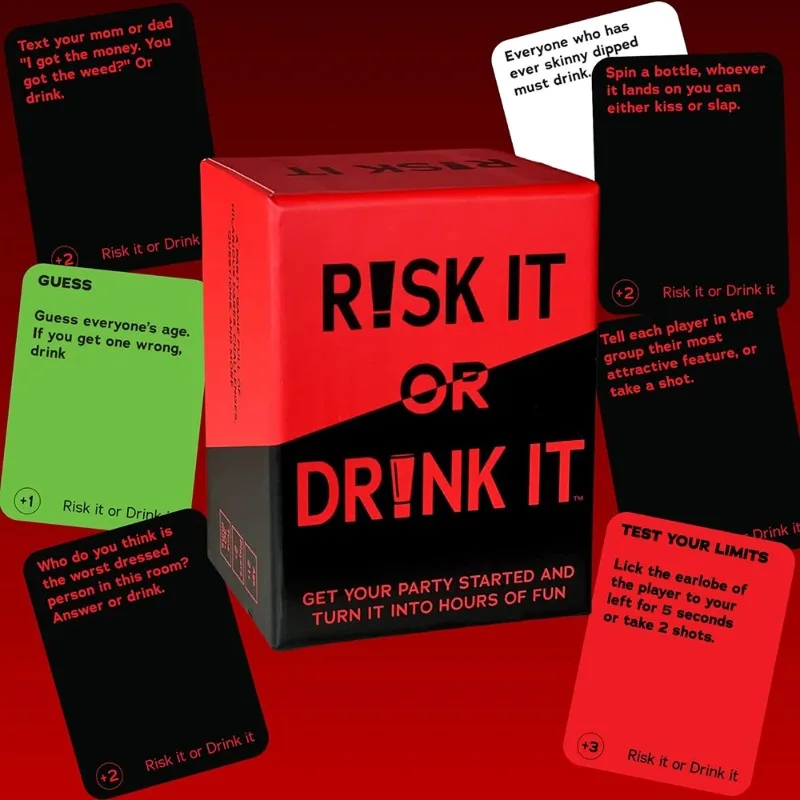 Risico of het proberen, of het maar drinken? Leuk partyspel voor studenten, kaartspel, drinkspel, voorafgaande avond, hilarische uitdagingen, vragen, volwassenen.