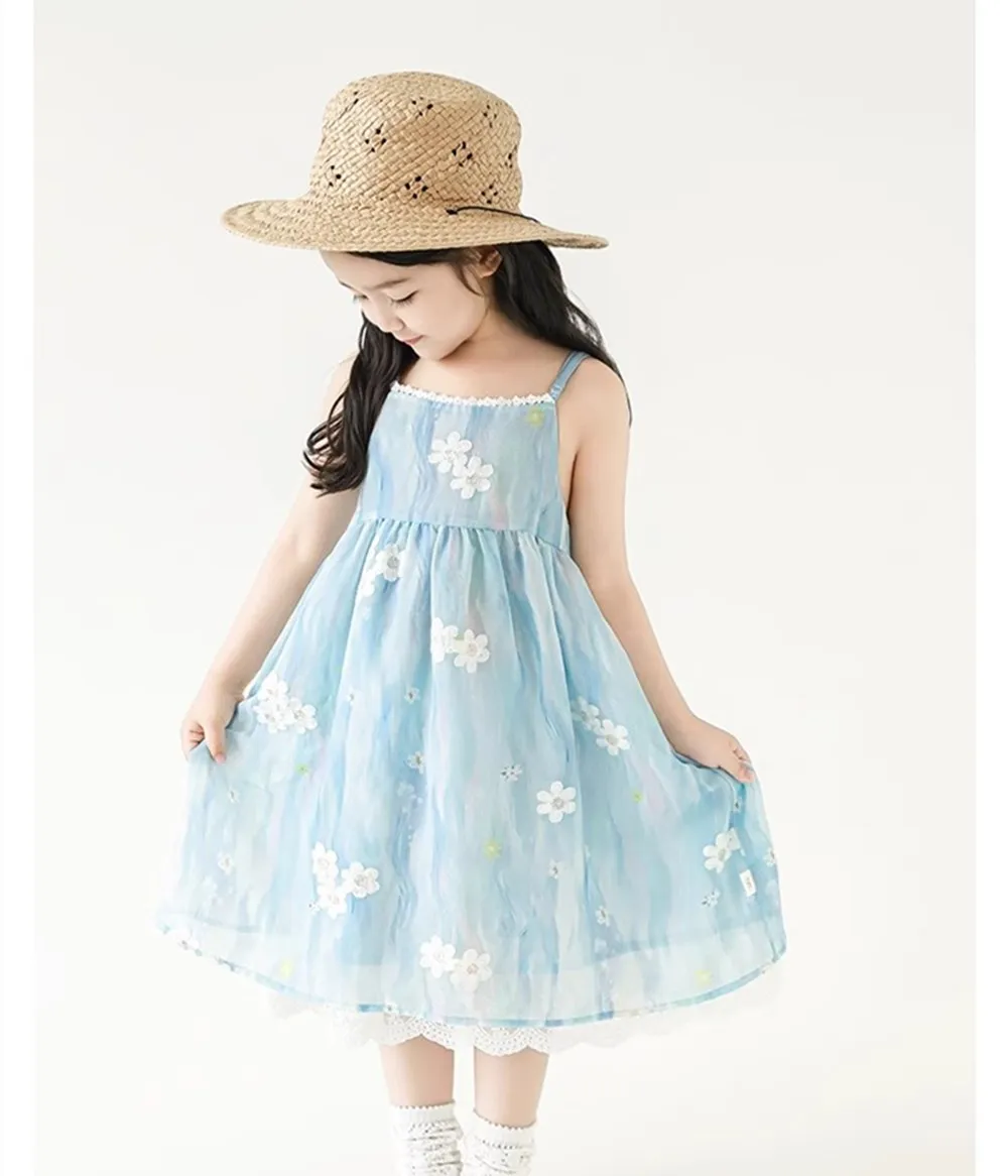 

kids girls clothes Blue tie dye style floral dress Summer sleeveless camisole dress