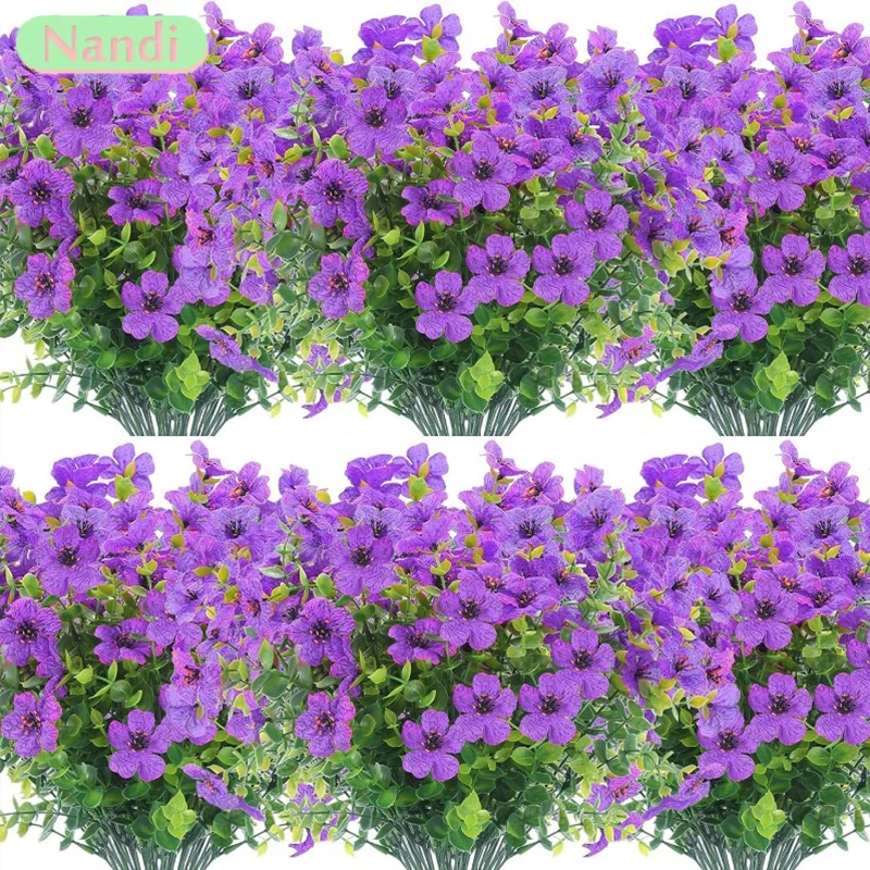 Flor Artificial falsa de plástico, eucalipto, flor violeta, flores dulces, hermosa decoración para fiesta de boda y patio al aire libre