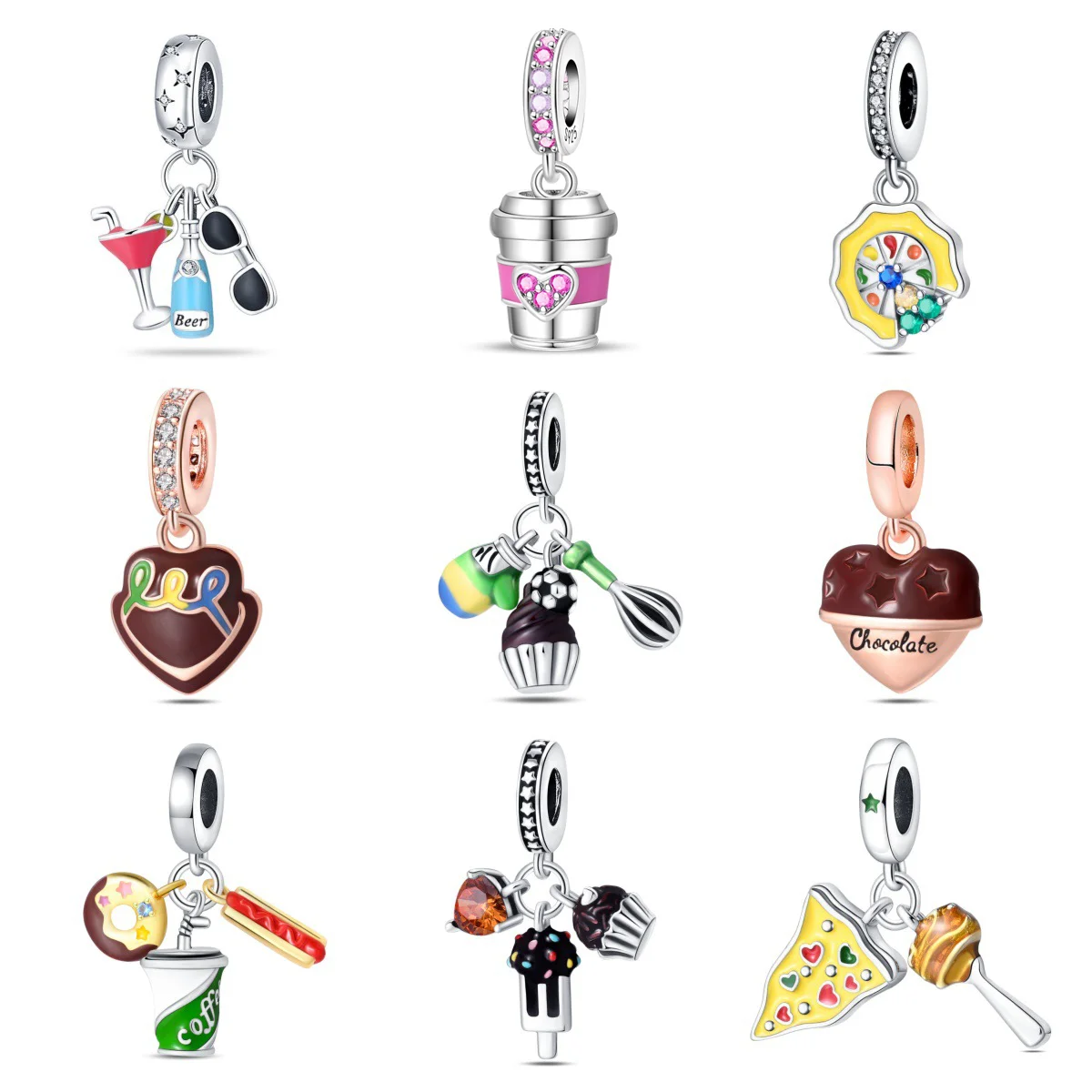 Coffee Pizza Charms Silver Plated Beads Fit Original Bracelet Bag Keychain Earring Charm Bead Pendant Diy Women Jewelry Gift