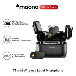 MAONO T1 Mini Wireless Lavalier Microphone for Phone AI Noise Cancelling Auto Clipping App Control Mic for Audio Video Recording