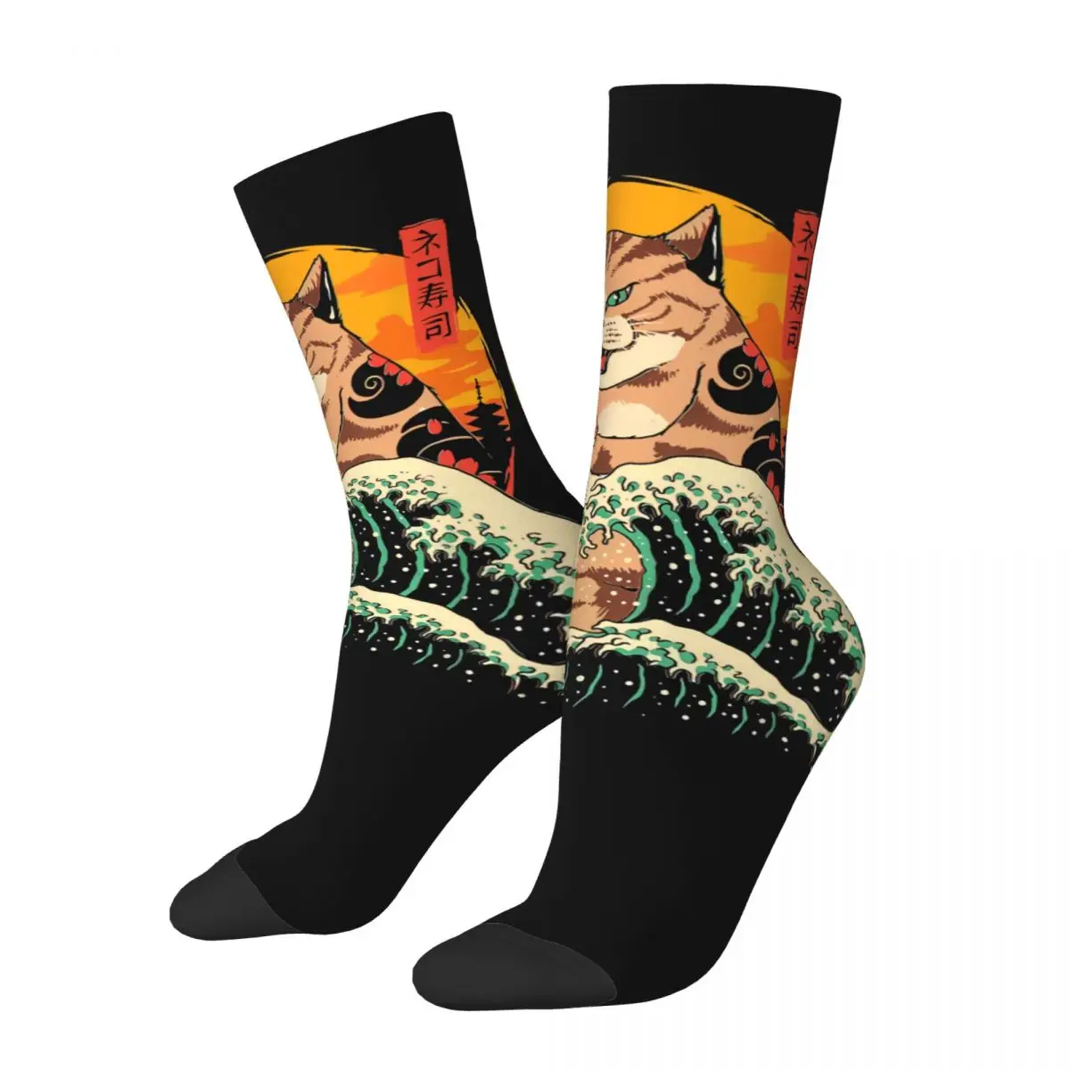 Hip Hop Vintage Japanese Wave Sushi Crazy Men's compression Socks Unisex Cat Arts Retro Harajuku Seamless Printed Crew Sock Boys