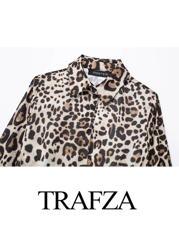 TRAFZA 2024 Women Leopard Print Shirt Pant Set Vintage Lace Up Long Sleeves Shirts Top+High Waist Baggy Pants Suits traf