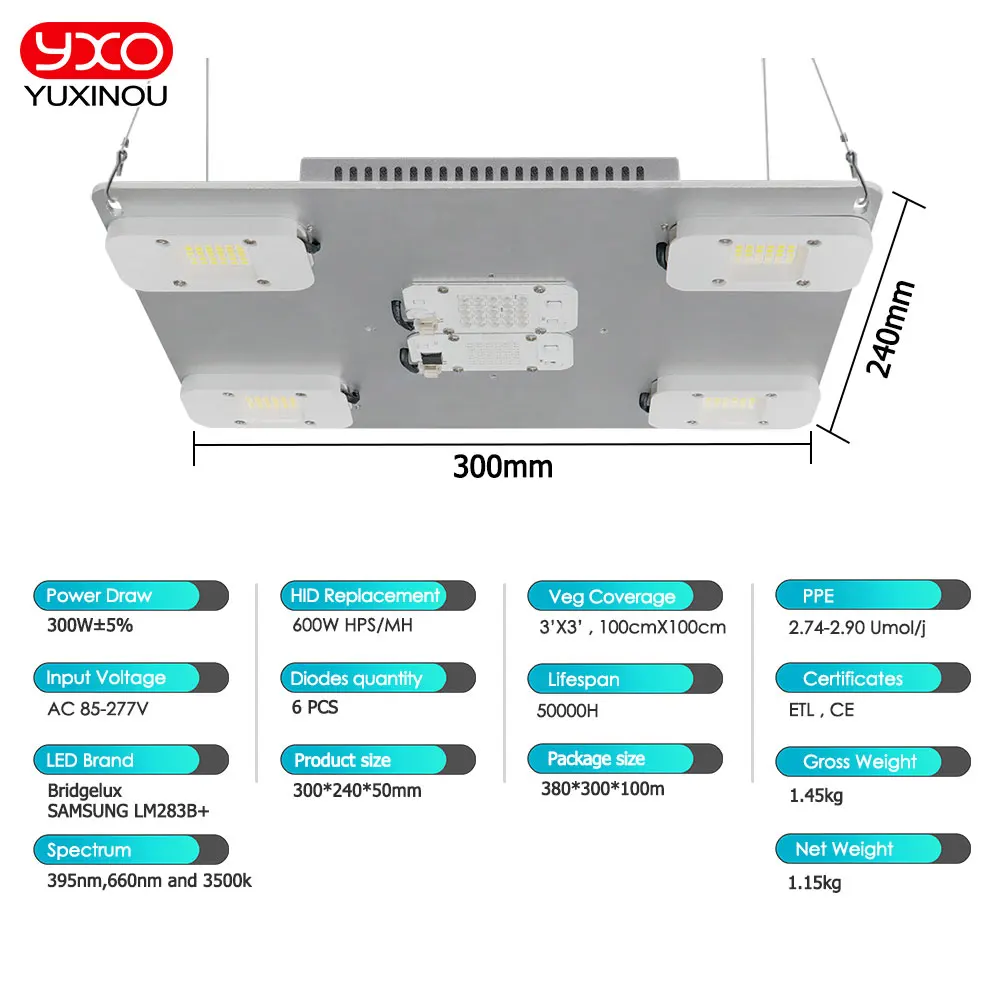 Sam-ng Quantum 300W LED Grow Light LM283B+ Phyto Lamp With UV RED On/Off Switch For Greenhouse Hydroponic Plant Growth Lighting