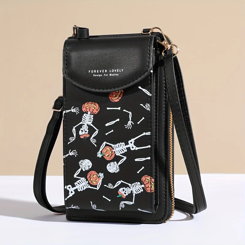 Spooky Ghost Skull Crossbody Bag - Halloween Zippered Style - Gothic Phone Purse with Secure compartments for Fashion Witches