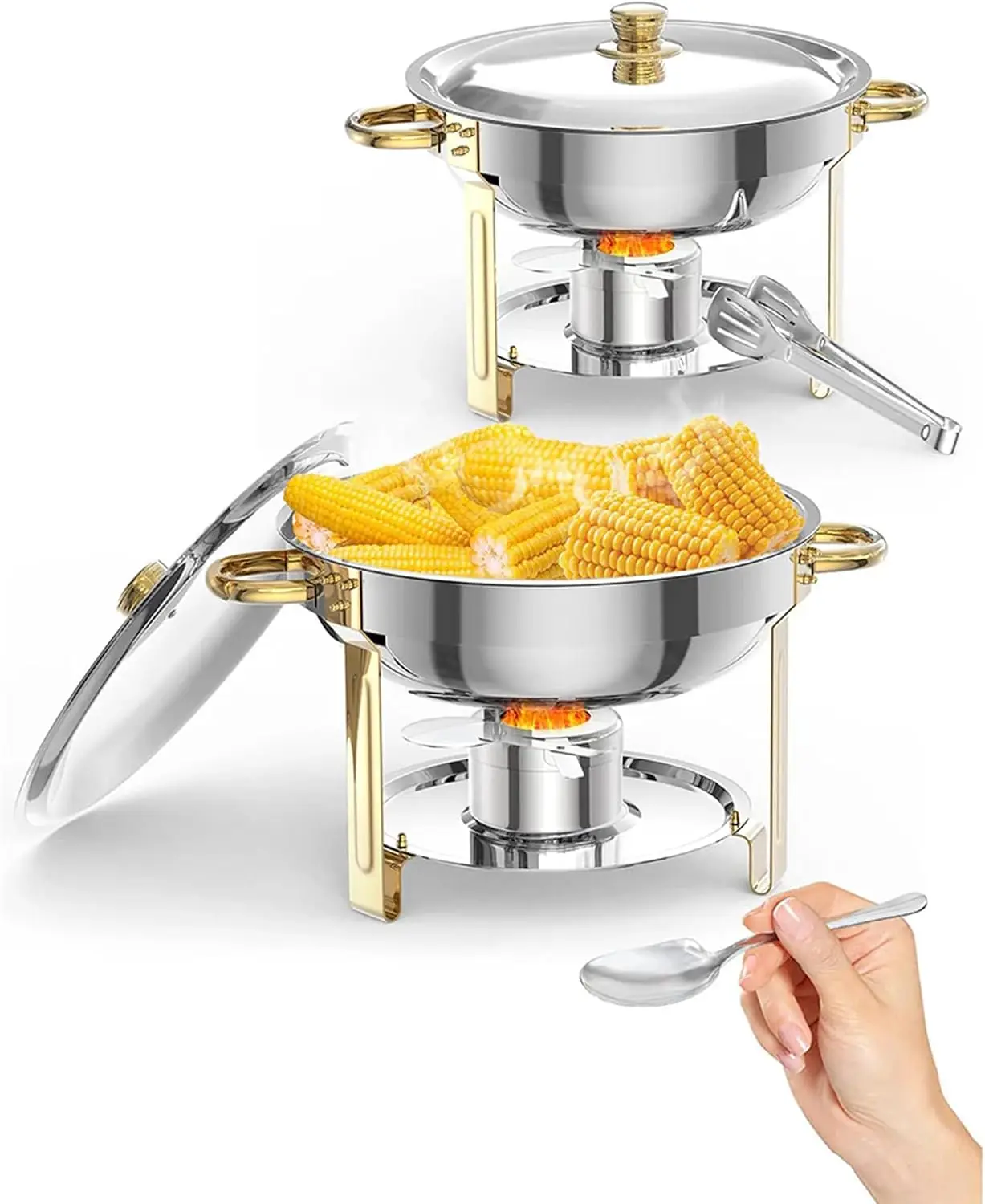 2-Pack 5.28 Quart Round Stainless Steel Chafing Dish Food Warmer 5L Hotel Large Gold Hot Pot with Serving Spoons & Tongs for Catering Restaurant