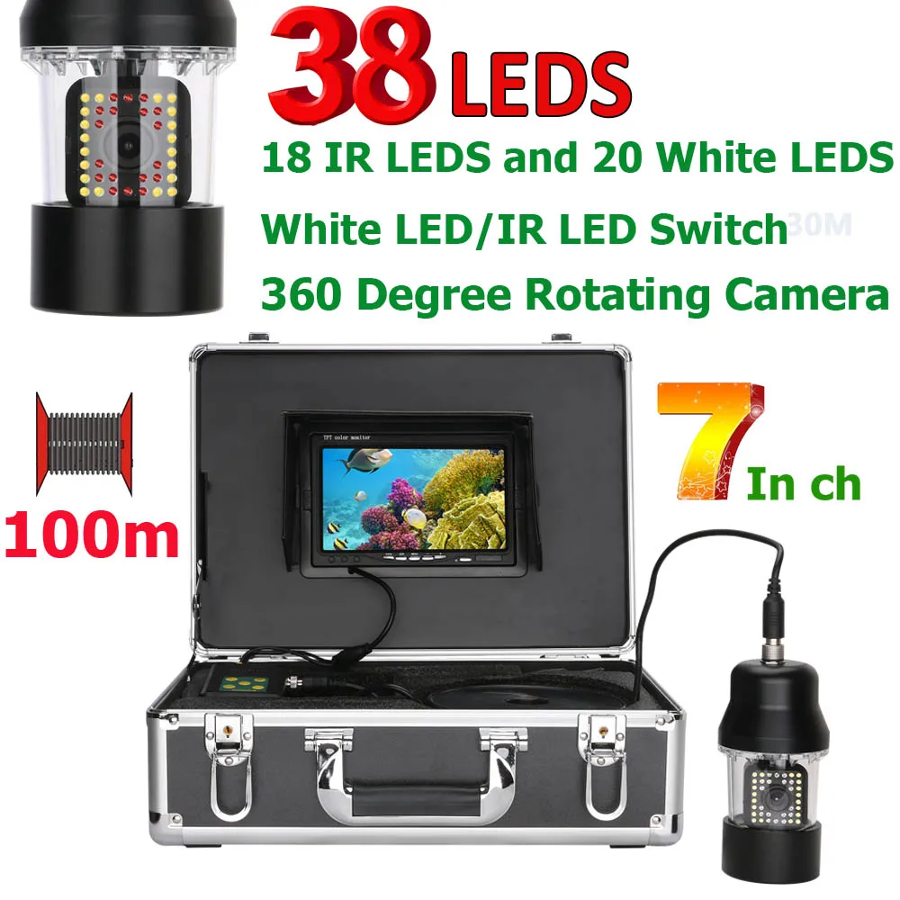 100m 360 Degree Rotating Underwater Fishing   with IP68 Waterproof 38 LEDs and 7 Inch LCD Screen