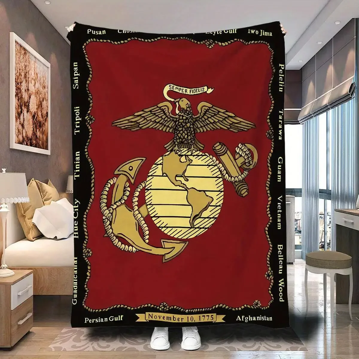 Marine Corps Insignia Pattern Flannel Blanket Digital Print Army Flag Pattern Comfortable Blanket for All Seasons SEMPER FIDELIS