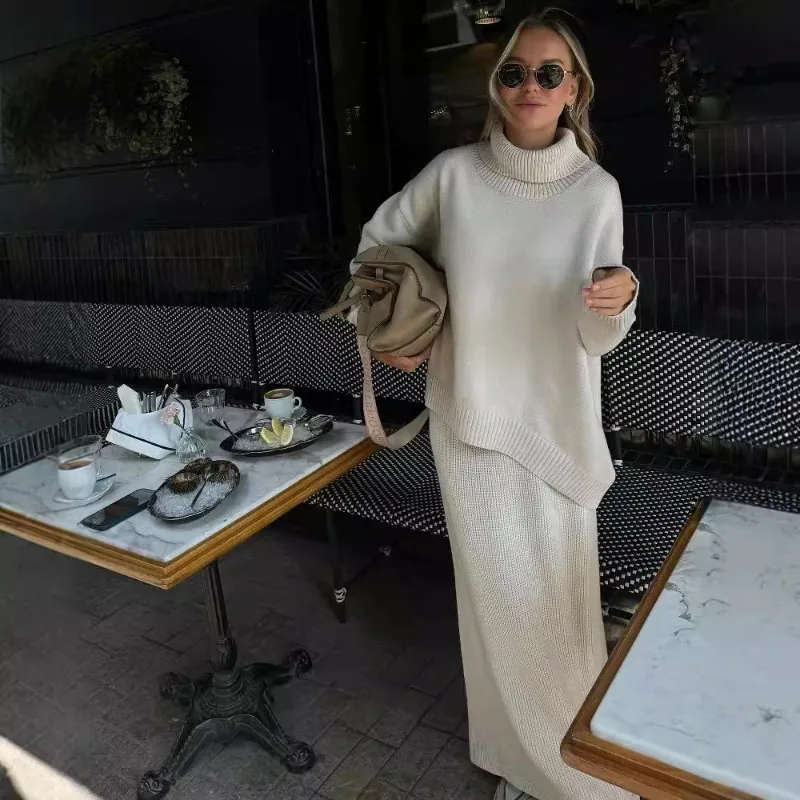 

Французский шерстяной костюм, комплект из двух предметов, осенне-зимняя водолазка с длинными рукавами, свитер с ленивым ветром, прямая свободная юбка для женщин