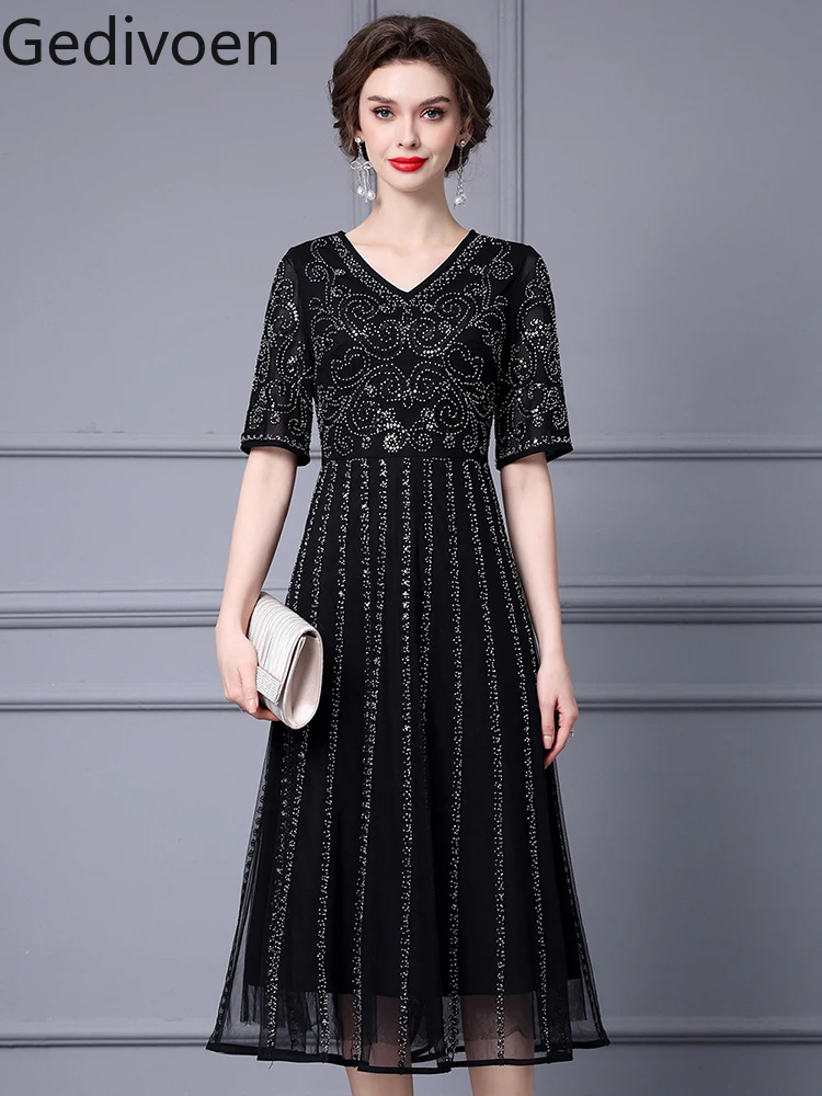 

Gedivoen Summer Fashion Runway New Designer V-Neck Collar Embroidered Flares Floral Empire Casual Style A-LINE Dress