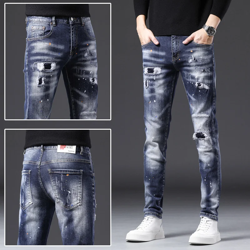 New Men's Wear Broken Hole Tie Cloth Hip Hop Street Ruffian Handsome Small Straight Barrel Wild Heavy Duty Jeans Male