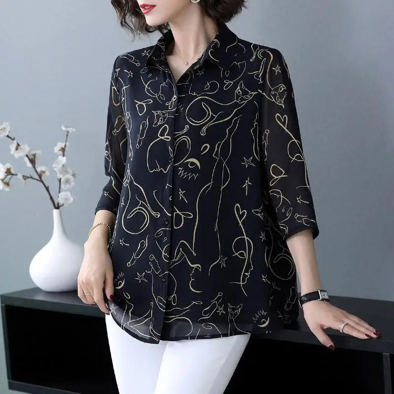 Fashion 3/4 Sleeve Print Lapel Chiffon Shirt Oversized Loose Tops Summer Autumn Women Clothing Commute Elegant Button Up Blouse