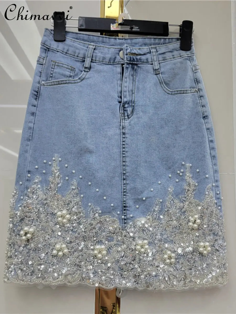 

Summer New Heavy Beads Hip Skirt Women's Fashion Flower Embroidered Stretch Slim-fit Skirt Streetwear High Waist Denim Skirts