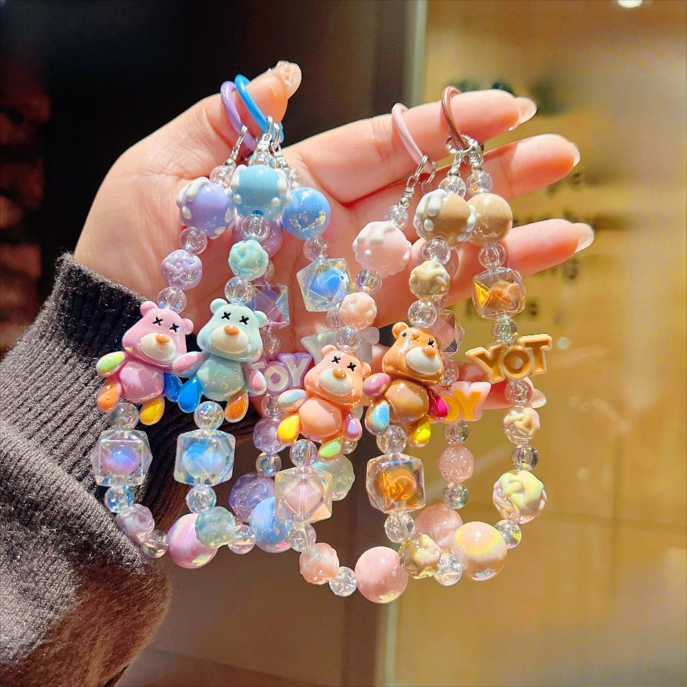 Creative Bear Animation Mobile Phone Chain, Kawaii Handmade Beaded Bag Pendant, Doll Beaded Keychain, Exquisite Gifts