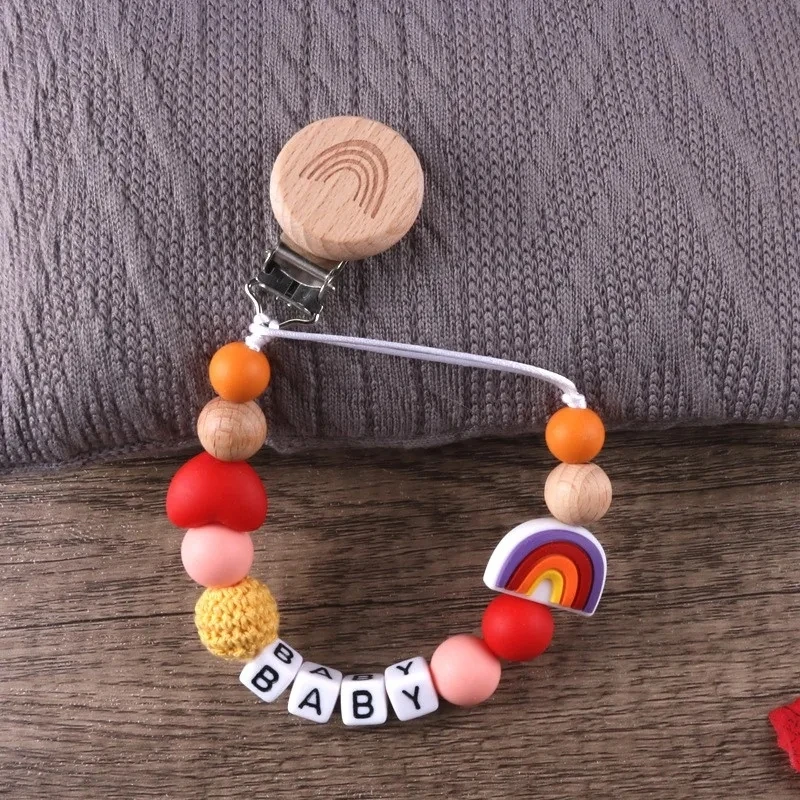 Baby Beech Wood Pacifier Clip Silicone Rainbow Beaded Nipple Chain For Baby Soother Pacifier Holder Chain Nursing Toy