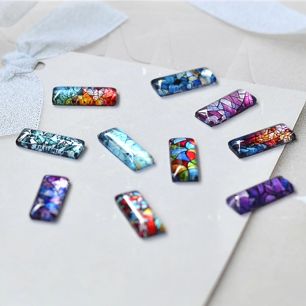 10 قطعة متنوعة 10x25 مللي متر مستطيل الزجاج كبوشن الأزرق الذهبي تقليد حجر الملمس-مثالية DIY بها بنفسك صنع المجوهرات والحرف اليدوية