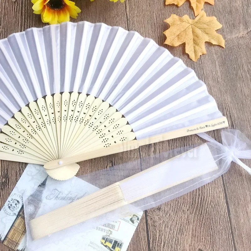 Customized Bride & Groom's Name and Date White Color Wedding Hand Fan In Organza Bags/Gift Box 100pcs