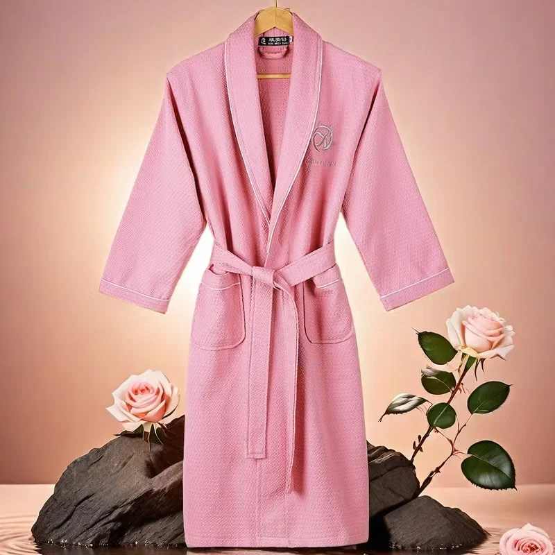 High-Quality Robe, Waffle Bathrobe for Men and Women,Large Size, Long, Solid Black Plaid, Couple's Nightgowns, Hotel Clothing