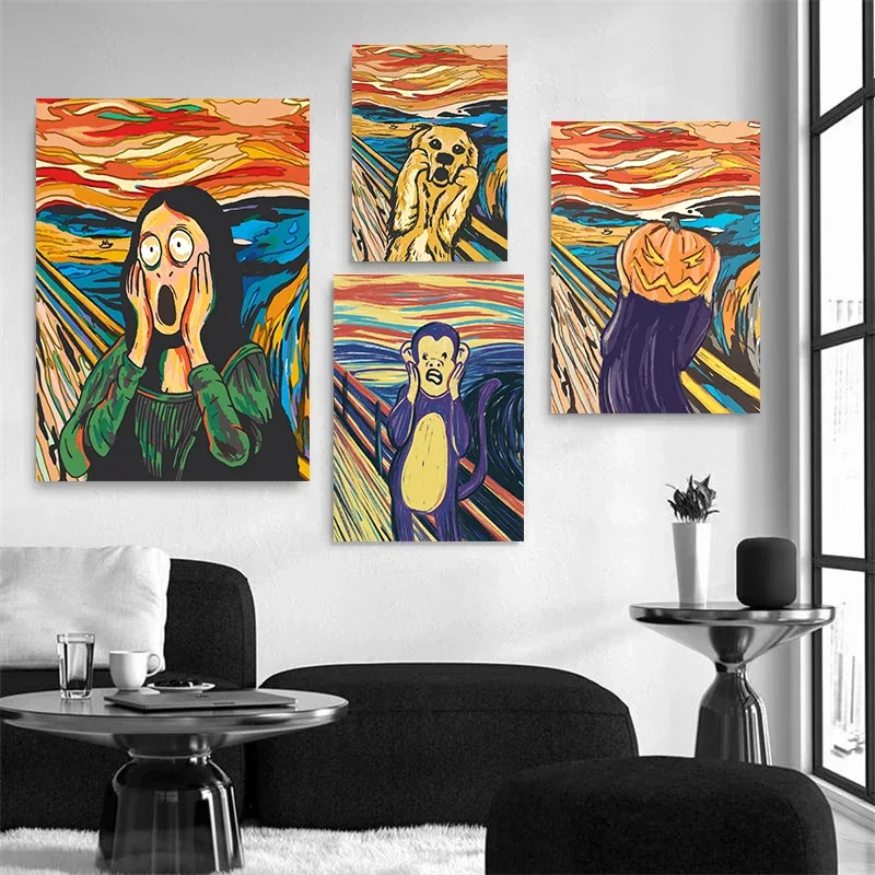 Abstract The Scream Famous Canvas Paintings Funny Scream Cat Dog Figure Poster and Print Wall Art Pictures Room Home Decor