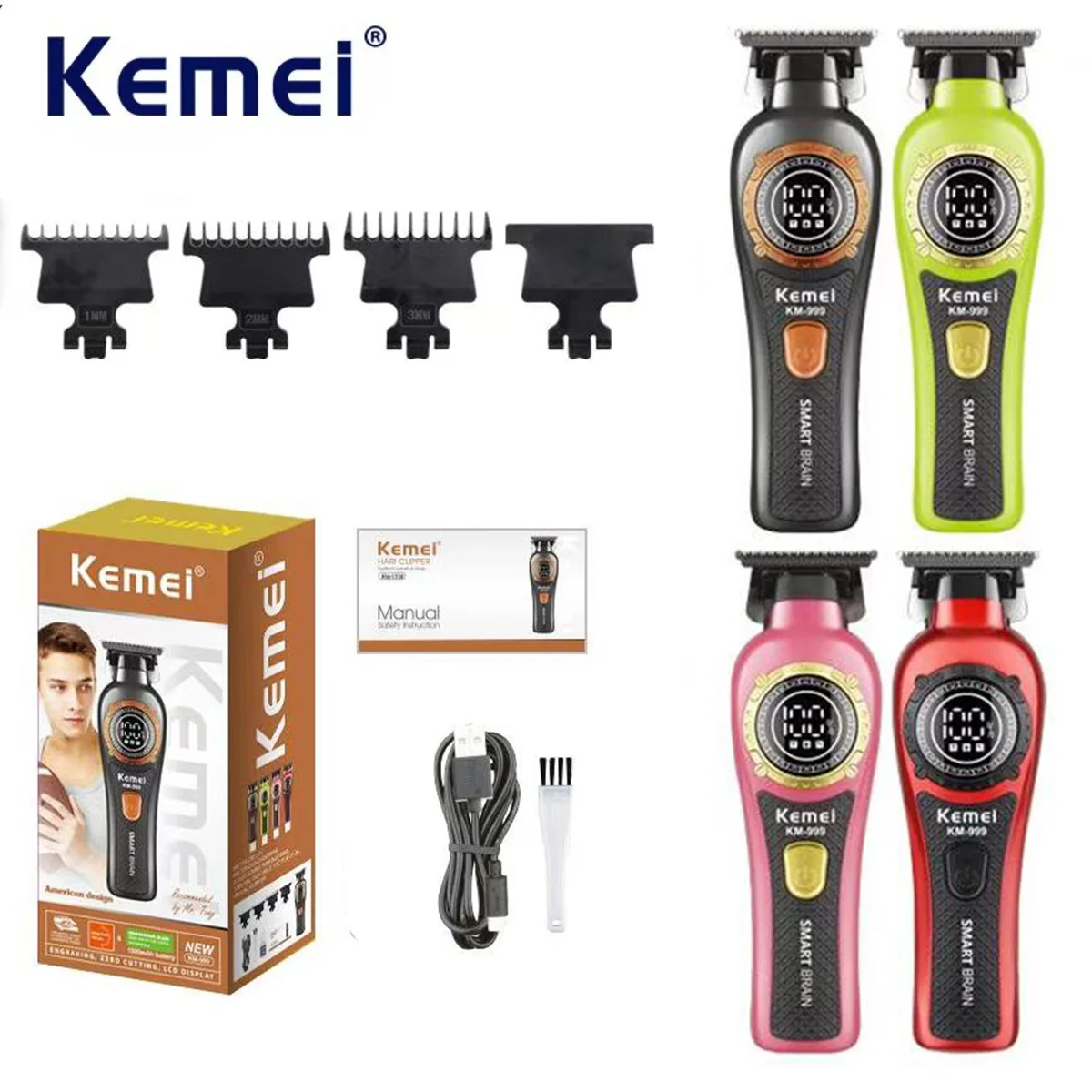 Kemei KM-999 Cordless Professional Hair Trimmer Men DLC T-Blade Zero Gapped Hair Clipper Electric Finishing Hair Cutting Machine