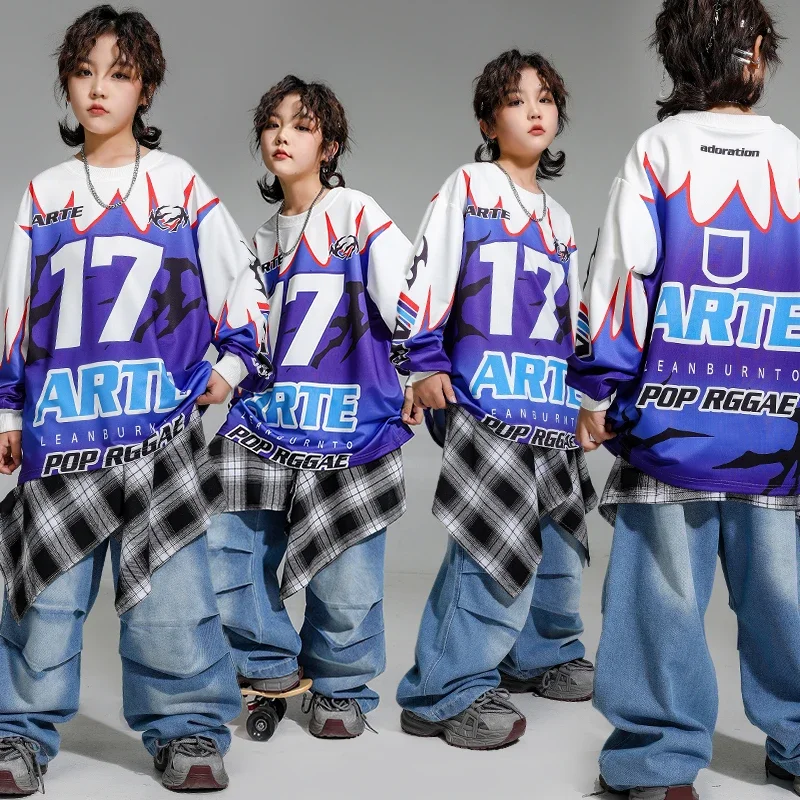 

Детская одежда в стиле хип-хоп, футболка с принтом синего и белого пламени, винно-красные повседневные плиссированные брюки-карго для девочек и мальчиков, костюм для джазовых танцев, одежда