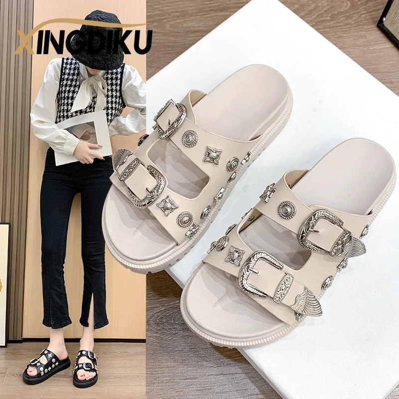 punk slippers women\'s 2022 spring autumn new metal buckle boutique decoration wedge heel comfortable outer wear slippers