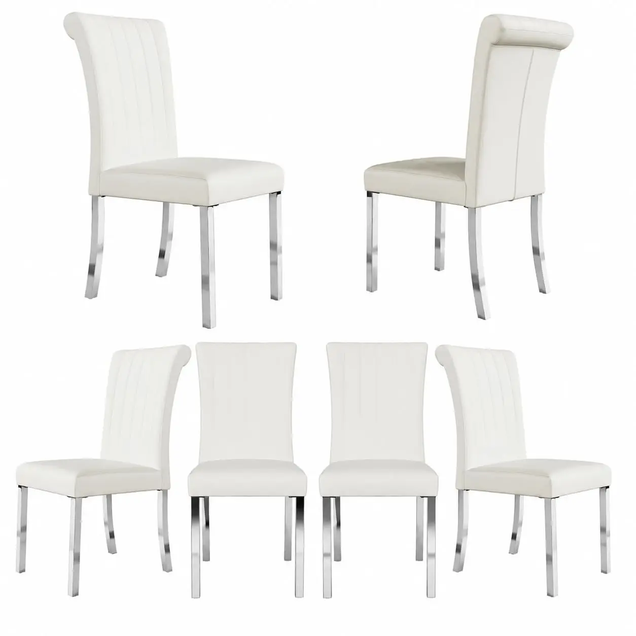 White & Silver Dining Chairs Set of 6, Polished Stainless Steel Legs, Leather Upholstered Rolled Back Kitchen Room, Customized