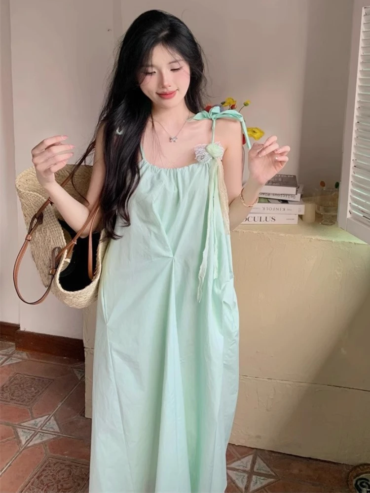 Vestido verde menta con tirantes finos para mujer, vestidos Midi holgados con cordones para playa, vacaciones de verano, estilo francés, temperamento Fairycore informal