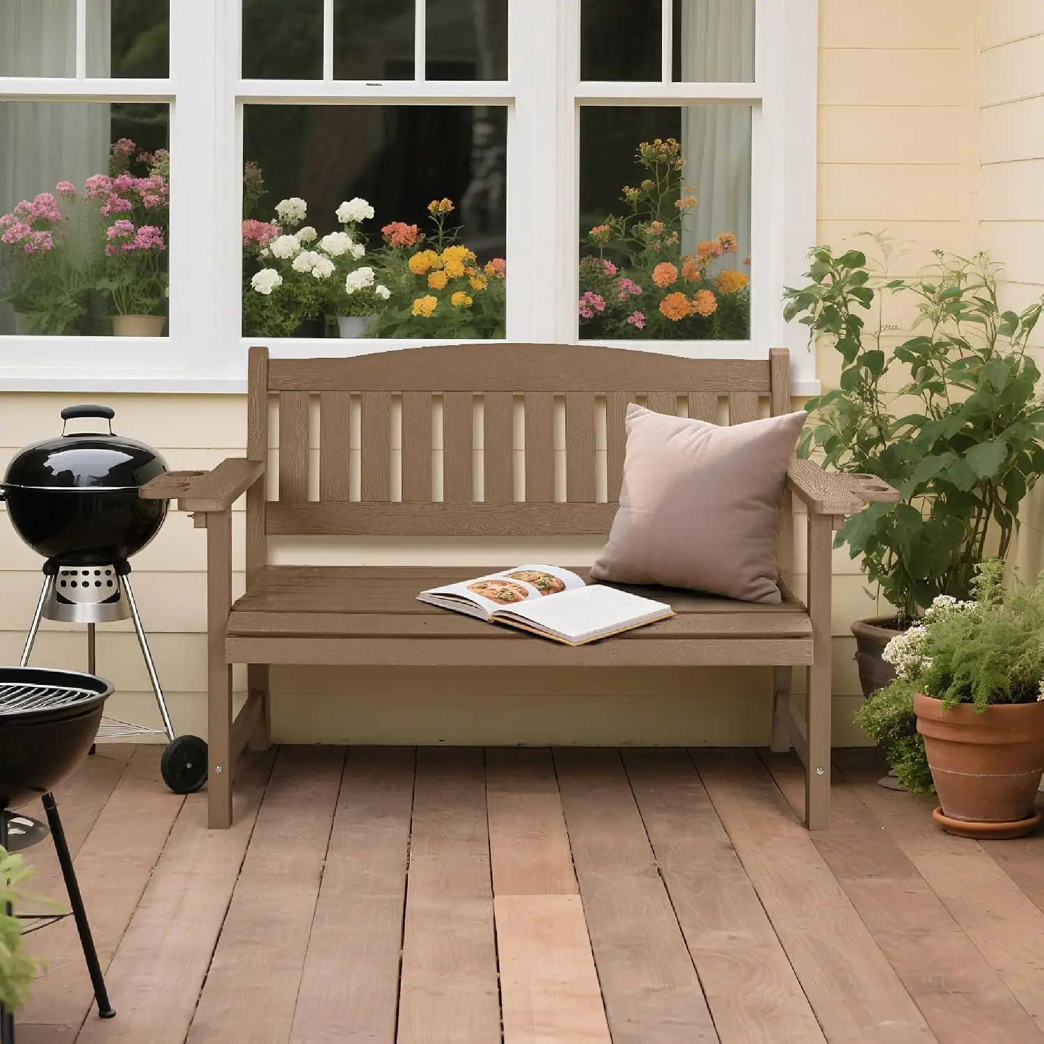 2-Person HIPS Outdoor Benches, Weatherproof Garden Bench with 800 lbs Weight Capacity, Artificial Wood Grains, Customized
